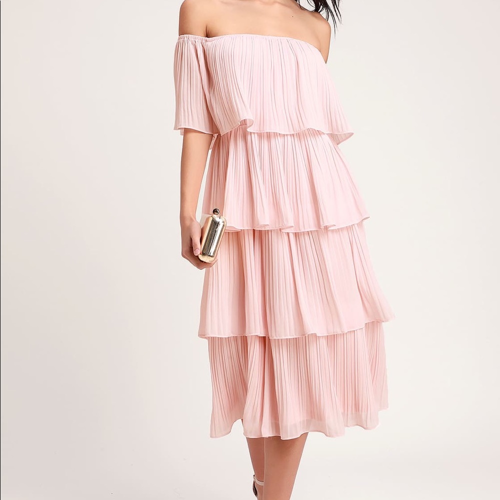 Blush Pink Off The Shoulder Ruffle Midi Dress